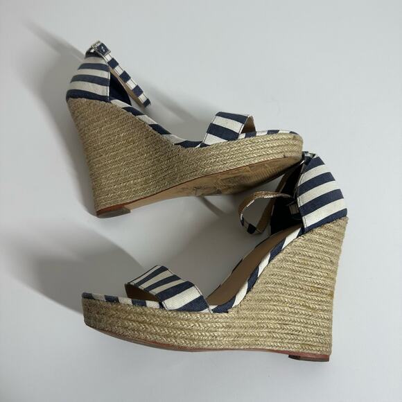 Express Women's Striped Wedge Heels Size 10 Navy White Open Toe Summer Vacation - Picture 6 of 11